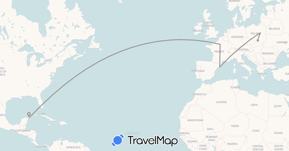 TravelMap itinerary: driving, plane in Spain, France, Mexico, Poland (Europe, North America)